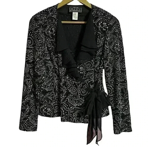 Alex Evenings Blouse Petite Black Embellished Wrap Style Holiday Party New Year - Picture 1 of 8